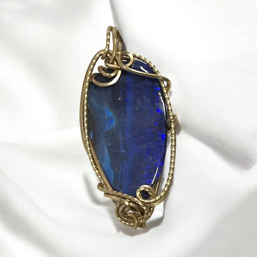 Artisan Natural Boulder Opal Pendant 1.5" Gold Plated Wire Wrapped